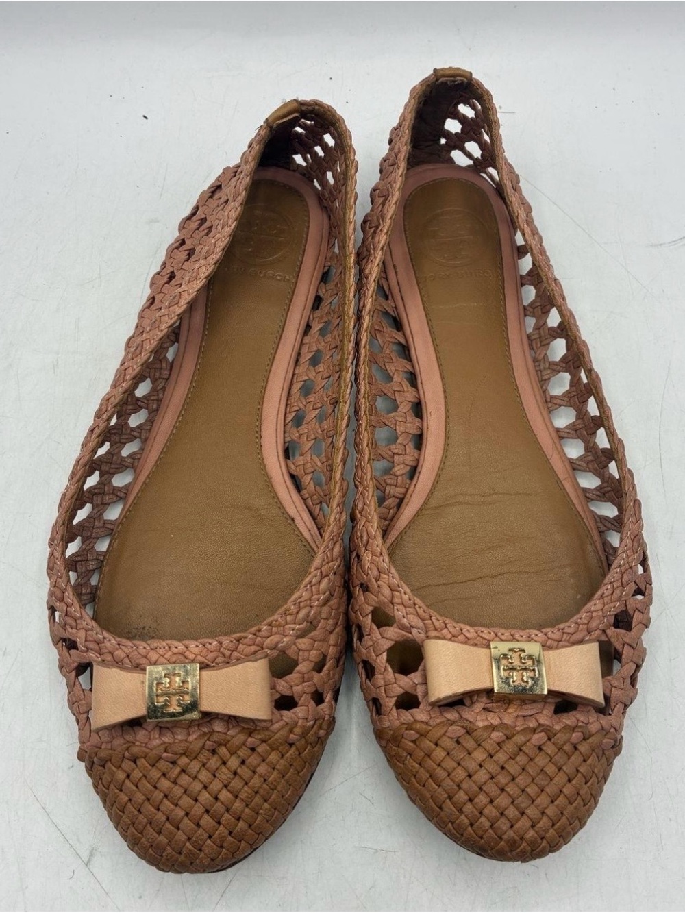 Tory Burch Woven Bow Flats in Tan